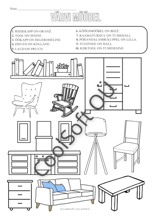 Värvimistööleht mööbli teemal, kus lapsed värvivad mööbliesemeid vastavalt kirjalikele juhistele