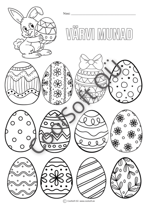 Kevadine värvimistööleht lihavõttemunadega, kus laps värvib erineva mustriga mune.