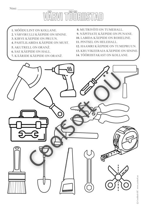 Värvimistööleht, kus lapsed värvivad tööriistu vastavalt kirjalikele juhistele