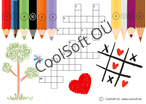Värvide teemaline ristsõna tööleht värviliste pliiatsitega