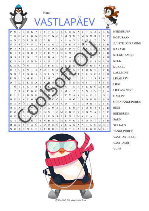 Vastlapäeva teemaline sõnaotsingu tööleht lastele koos talviste illustratsioonidega