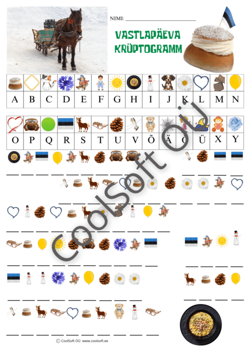 Vastlapäeva krüptogrammi tööleht pildimärkide ja tähtedega lastele