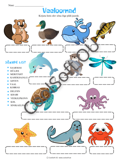 Veeloomad – kirjuta õige sõna pildi juurde