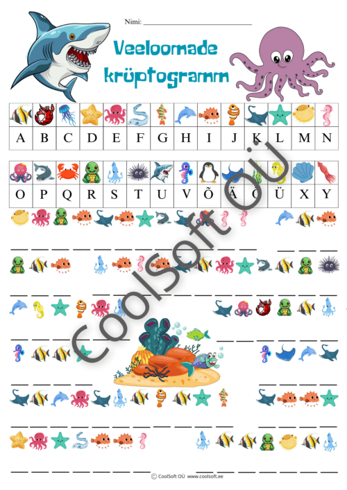 Veeloomade krüptogramm – pildid, tähed ja mõistatused