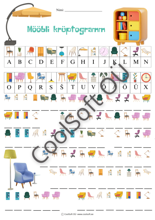 Volbripäeva krüptogrammi tööleht lastele nõiateemaliste piltidega