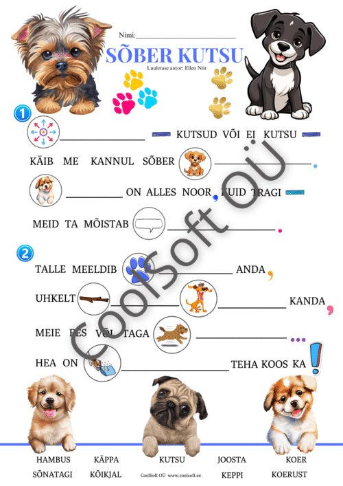 Laste tööleht „Sõber kutsu“, kus laps täidab luuletuse puuduvad sõnad piltide ja sõnalisti abil