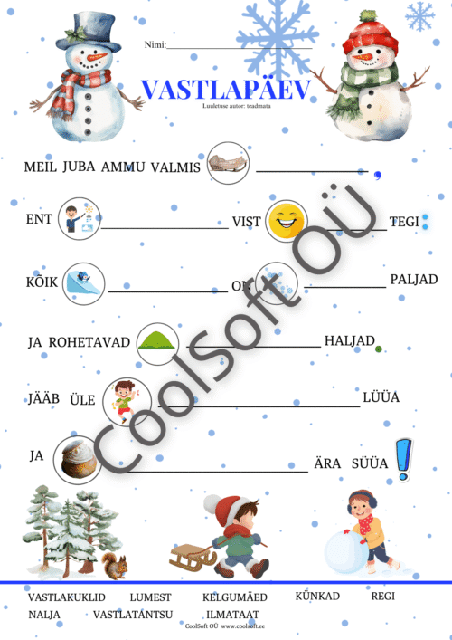 Vastlapäeva tööleht lastele, kus luuletust täiendatakse piltide ja sõnalisti abil
