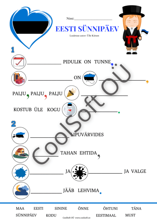 Eesti sünnipäeva tööleht, kus laps täidab lünkteksti luuletuse abil ja õpib tundma Eesti Vabariigi sünnipäeva
