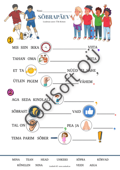 Sõbrapäeva teemaline tööleht lastele, kus luuletuse abil täidetakse sõprust ja tundeid käsitlevaid lünki