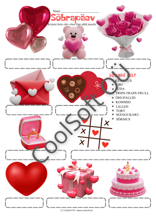 Sõbrapäeva teemaline tööleht, kus laps kirjutab sõnade loendist õiged nimetused vastavate piltide alla.
