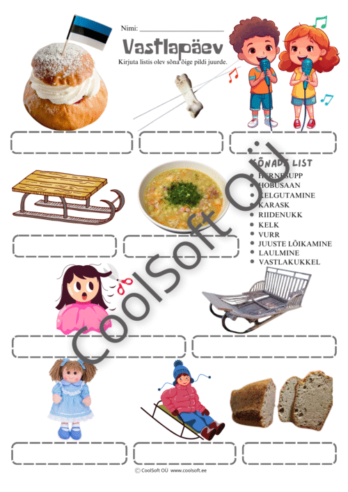 Vastlapäeva tööleht lastele, kus piltide juurde tuleb kirjutada vastlapäevaga seotud õiged sõnad
