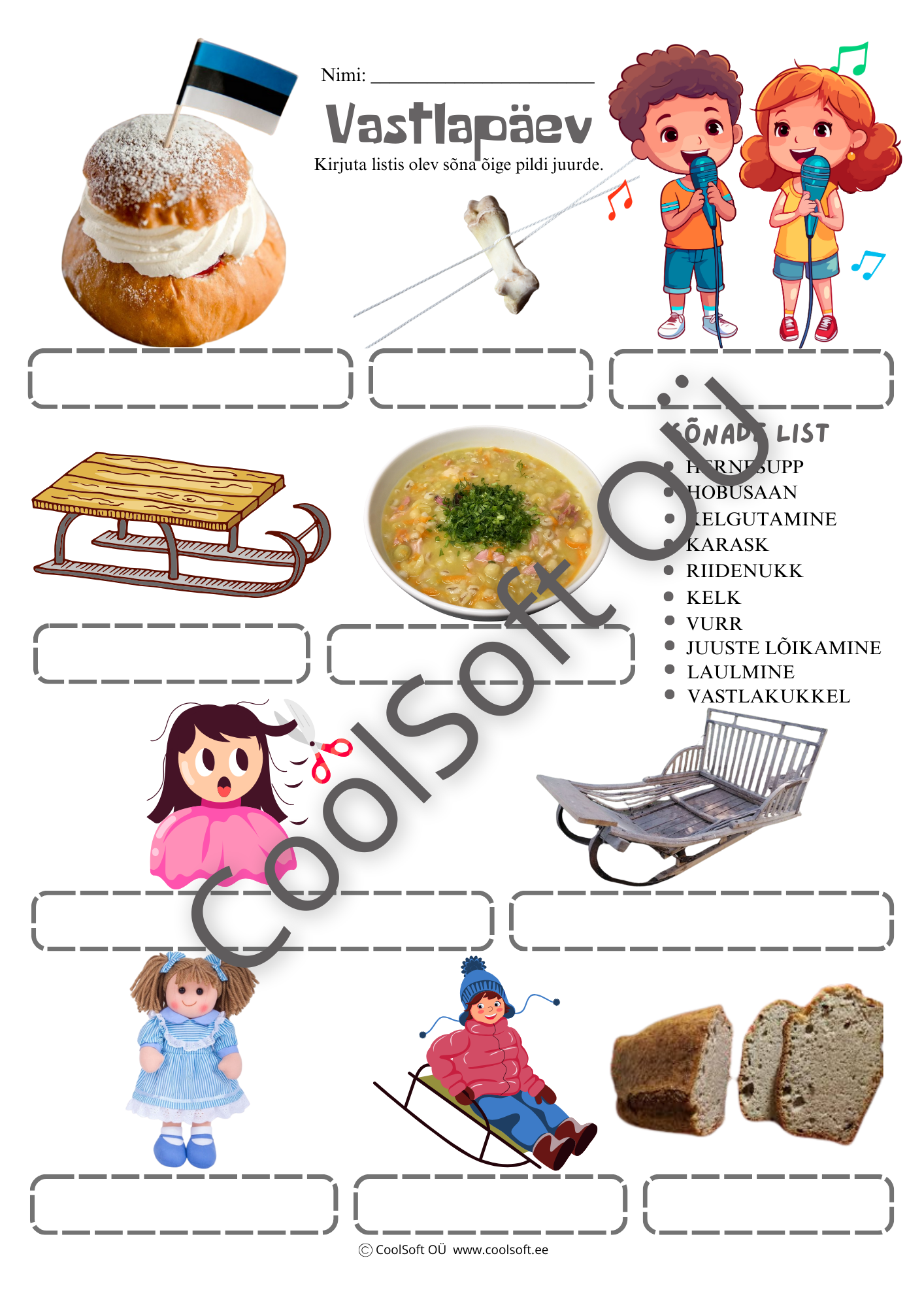 vastlapaev Vastlapäeva tööleht lastele, kus piltide juurde tuleb kirjutada vastlapäevaga seotud õiged sõnad