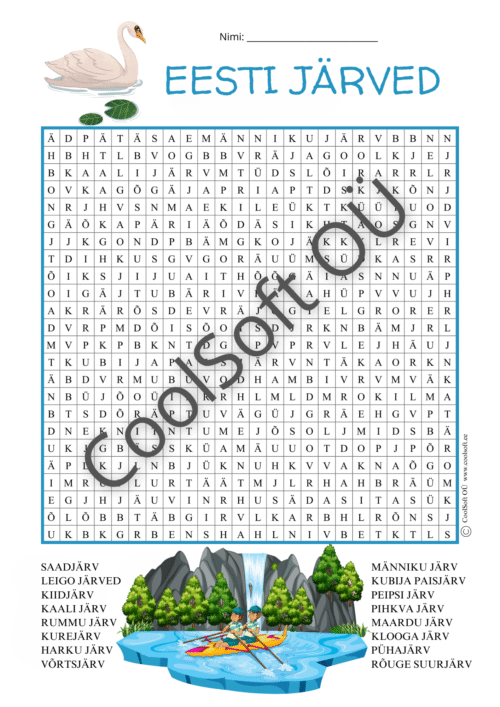 Eesti järvede sõnaotsingu tööleht, kus laps peab leidma täherägastikust järvede nimed.