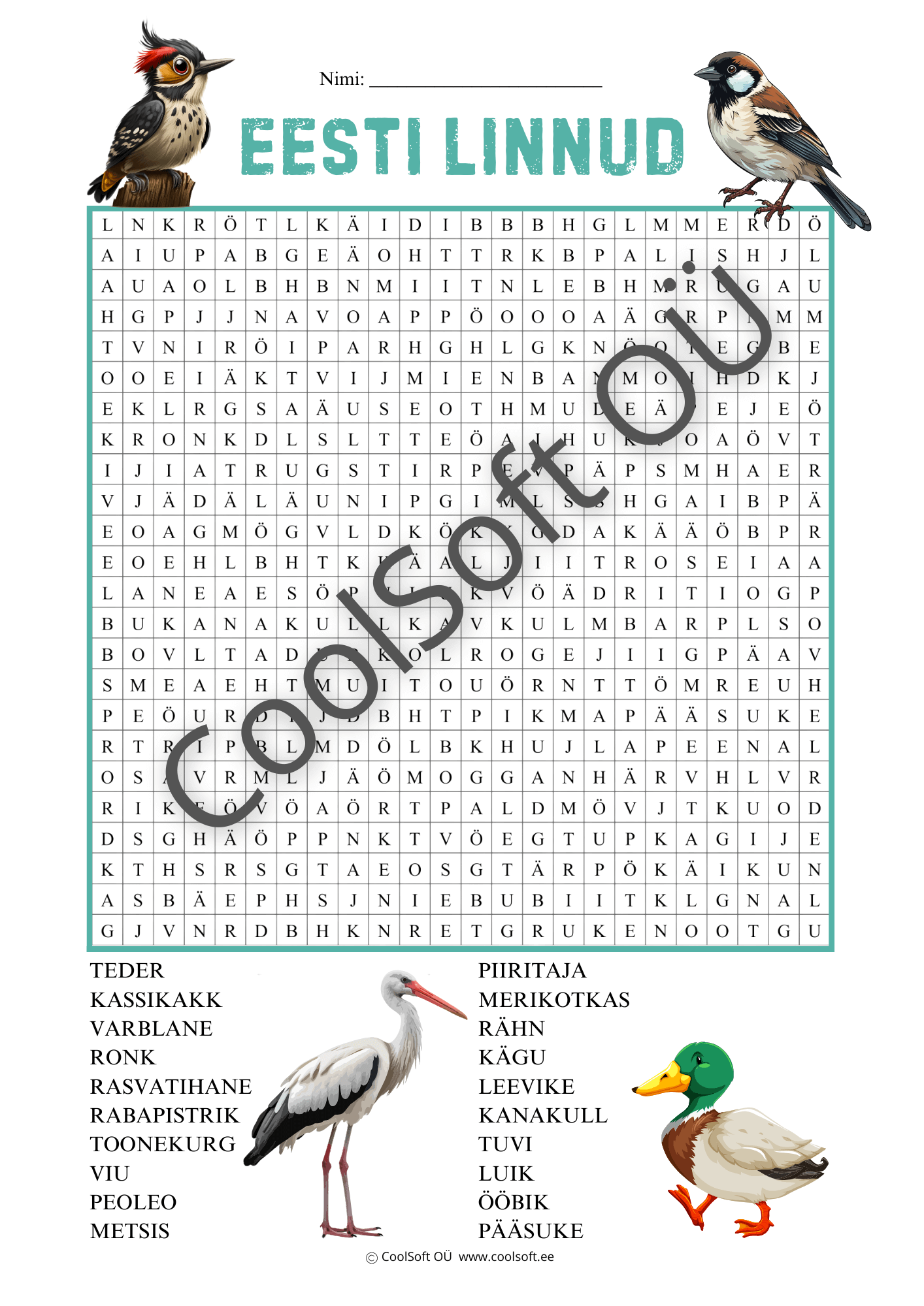 eesti-linnud-sonaotsing Eesti lindude sõnaotsingu tööleht 20 linnu leidmiseks.