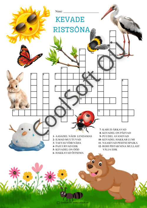 Kevade ristsõna tööleht laste jaoks, kus kevadet kirjeldavad väited tuleb täita ristsõnasse.