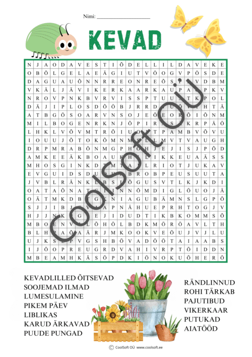 Kevadine sõnaotsingu tööleht, kus laps otsib täherägastikust kevade tunnuseid ja loodusega seotud sõnu