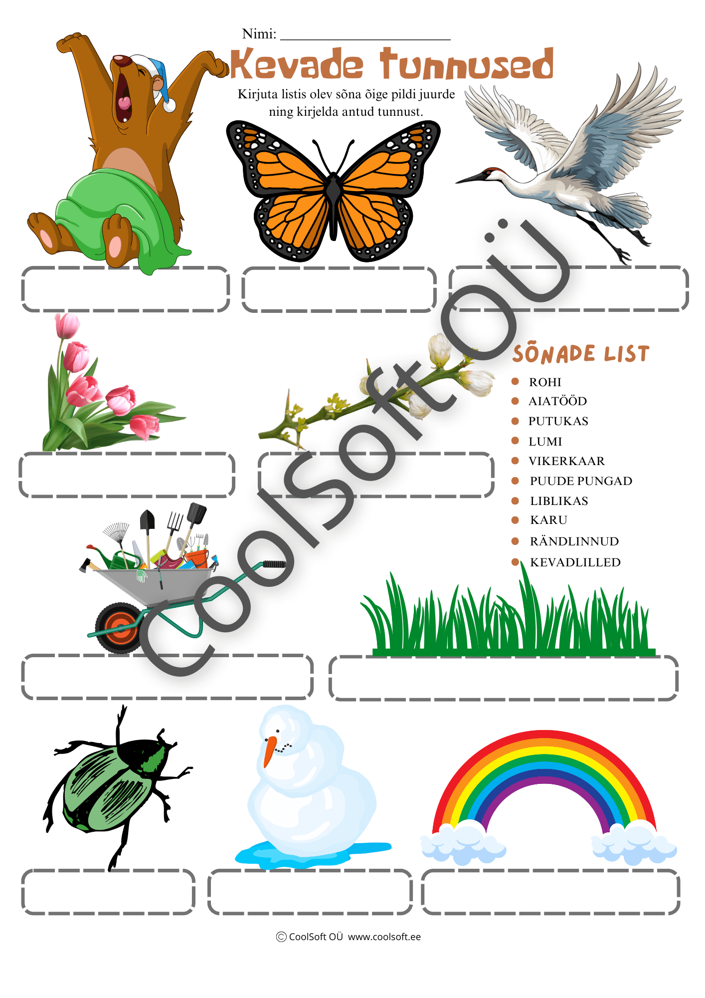 kevade-tunnused Kevade tunnuste tööleht, kus laps peab sobitama sõnad õigete piltidega ja kirjeldama kevade märke.