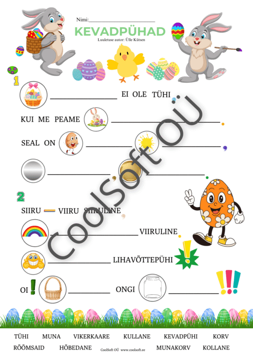 Kevadpühade tööleht jänkude, tibude ja lihavõttemunadega, lünkade täitmise ülesanne