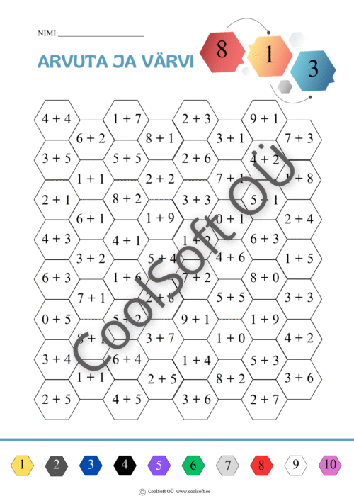 Matemaatika tööleht arvuta ja värvi, kus laps lahendab liitmisülesandeid 10 piires ja värvib kujundid vastuste järgi