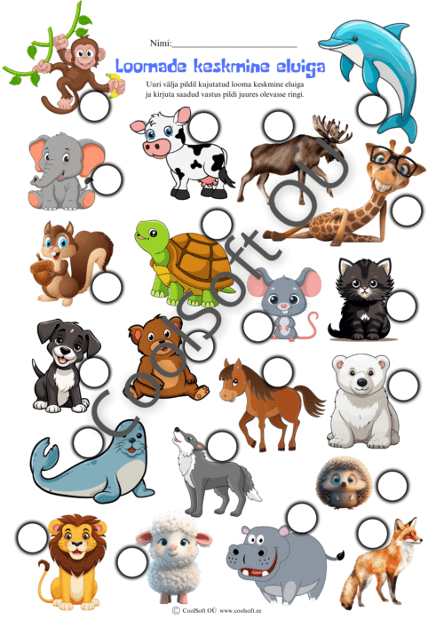 Loomade keskmise eluea tööleht illustratsioonidega, kus laps kirjutab iga looma juurde tema keskmise eluea.