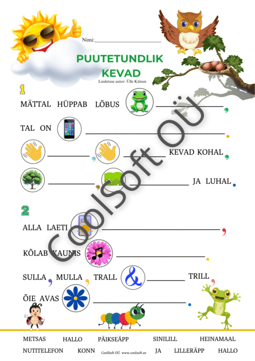 Kevadluuletuse tööleht, kus laps täidab tühikud piltide järgi sobivate sõnadega.