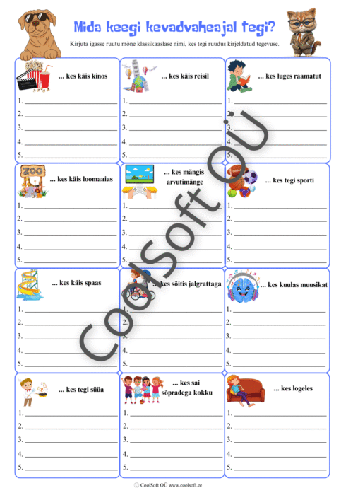 Kevadvaheaja tegevuste tööleht, kuhu lapsed kirjutavad klassikaaslaste nimed vastavalt erinevatele tegevustele.