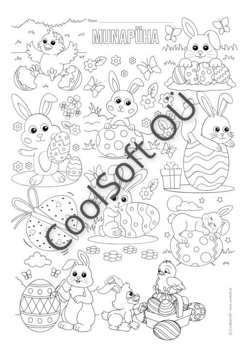 Munapüha värvimisleht jänkude, tibude ja lihavõttemunadega.