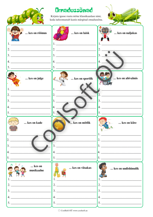 Omadussõnade tööleht, kus lapsed kirjutavad klassikaaslaste nimesid erinevate iseloomuomaduste juurde.