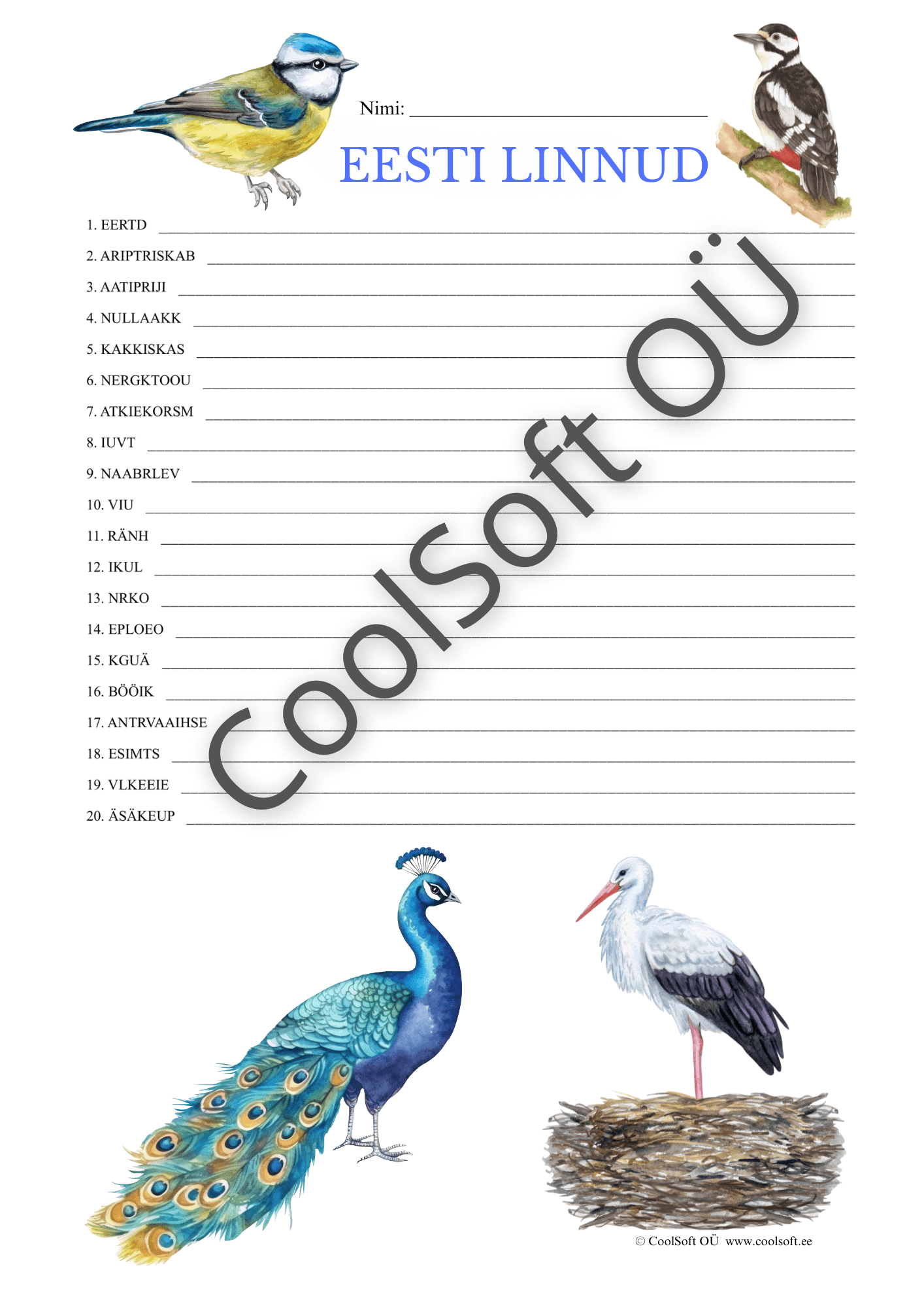 tahed-segamini-eesti-linnud Eesti lindude tööleht segatud tähtedega, kus tuleb moodustada õiged linnu nimetused.