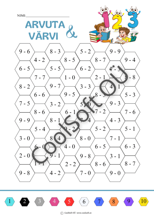 Arvuta ja värvi tööleht lahutamistehetega ja värvikoodiga kuusnurksetes lahtrites.