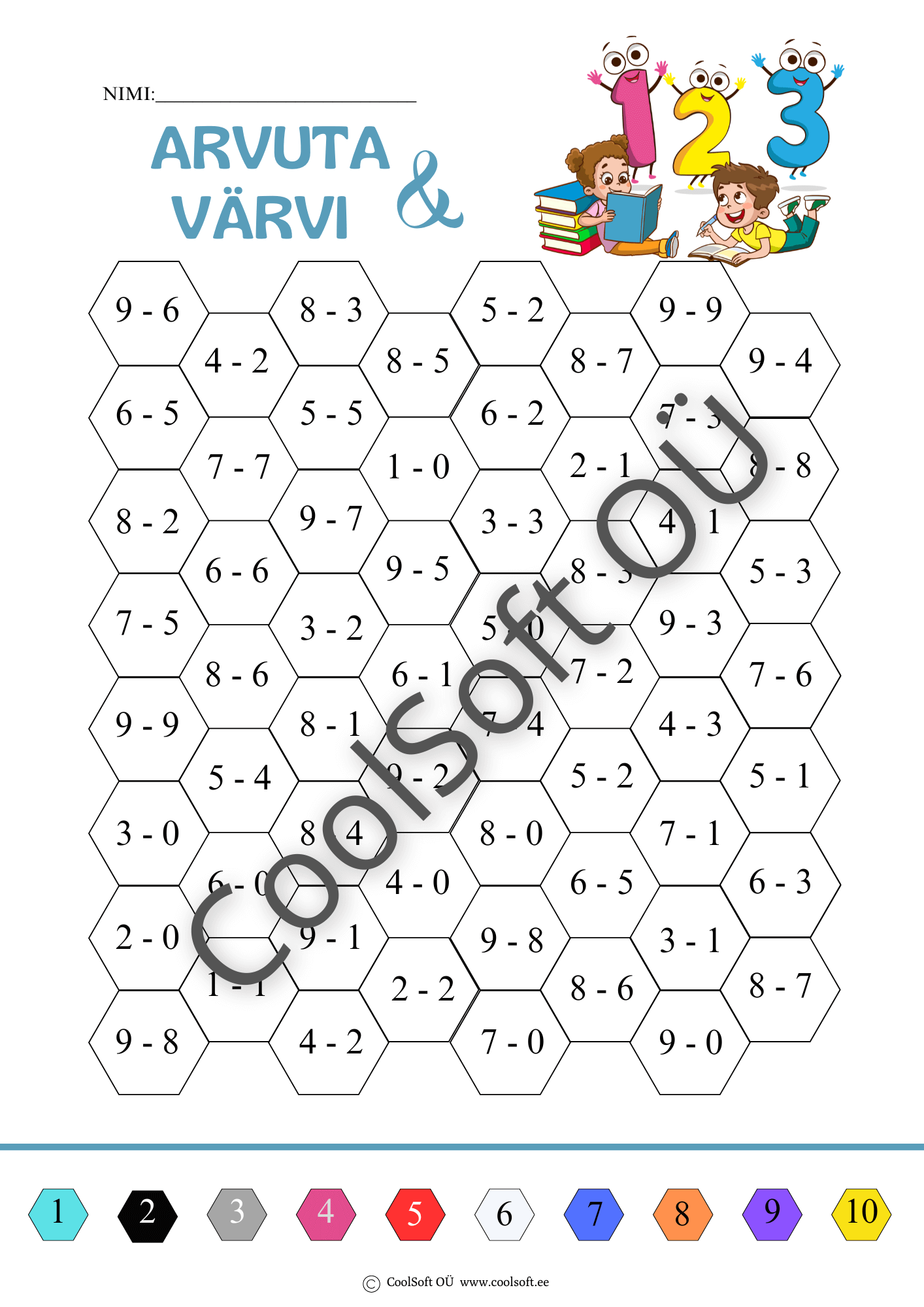 arvuta-ja-varvi-lahutamistehete-tooleht Arvuta ja värvi tööleht lahutamistehetega ja värvikoodiga kuusnurksetes lahtrites.