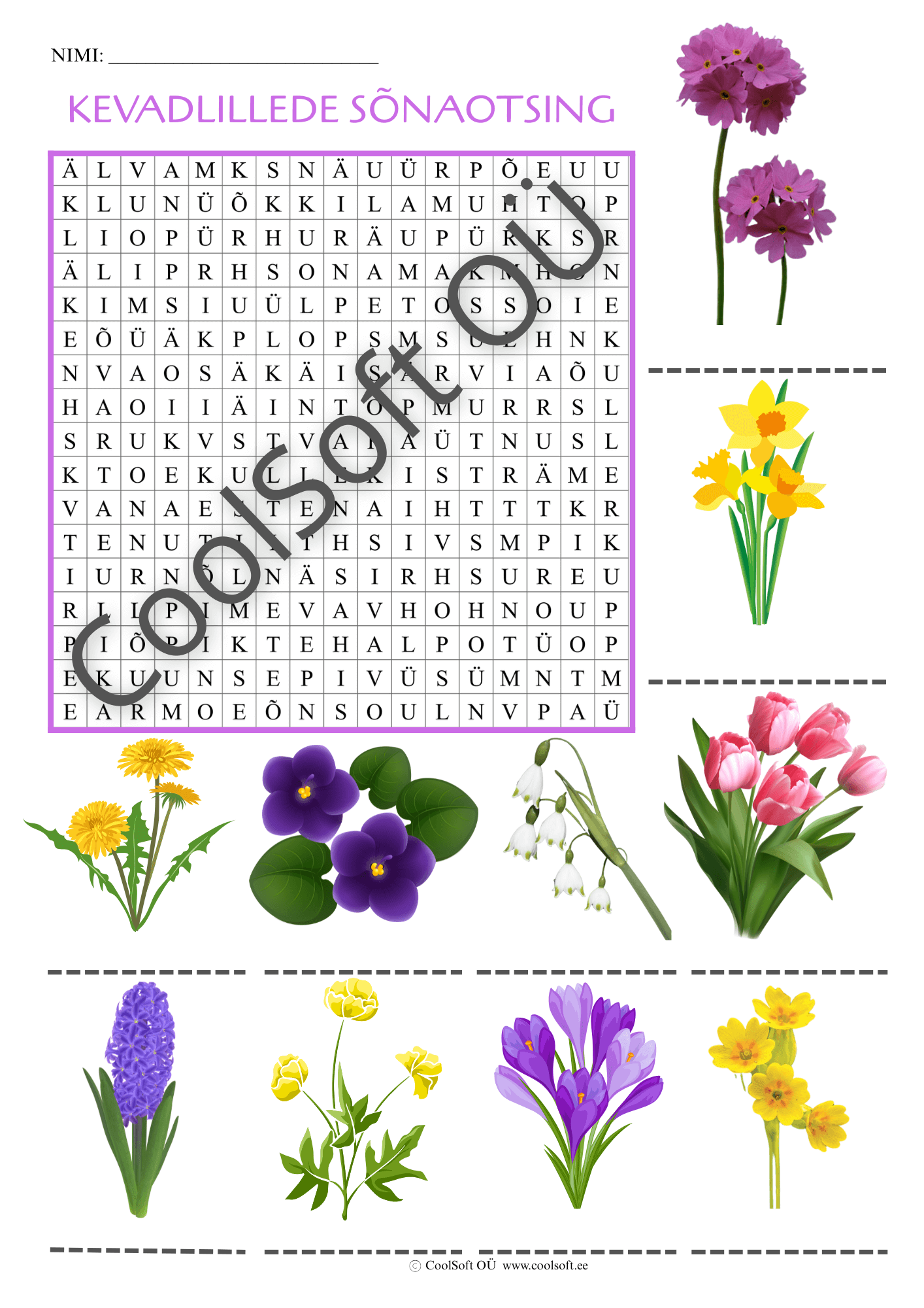 kevadlillede-sonaotsing Tööleht „Kevadlillede sõnaotsing“, millel laps otsib täherägastikust kevadlillede nimetusi.