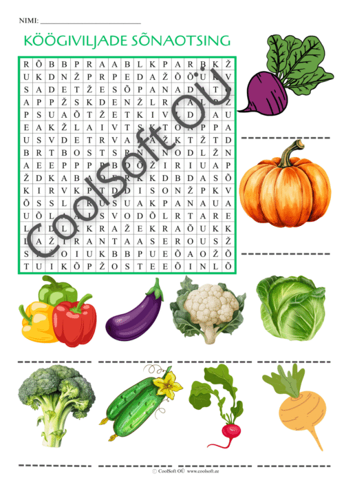 Köögiviljade sõnaotsingu tööleht, kus laps peab leidma täherägastikust piltidel kujutatud köögiviljade nimetused.