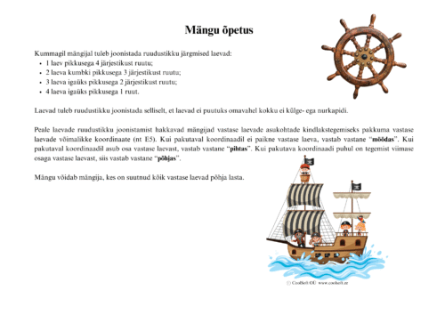 Laevade pommitamise tööleht kahele mängijale, ruudustikud koordinaatidega ja erinevad laevade illustratsioonid.