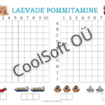 Laevade pommitamise tööleht kahele mängijale, ruudustikud koordinaatidega ja erinevad laevade illustratsioonid.