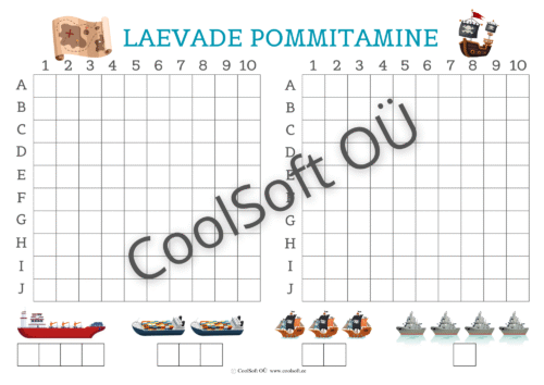 Laevade pommitamise tööleht kahele mängijale, ruudustikud koordinaatidega ja erinevad laevade illustratsioonid.