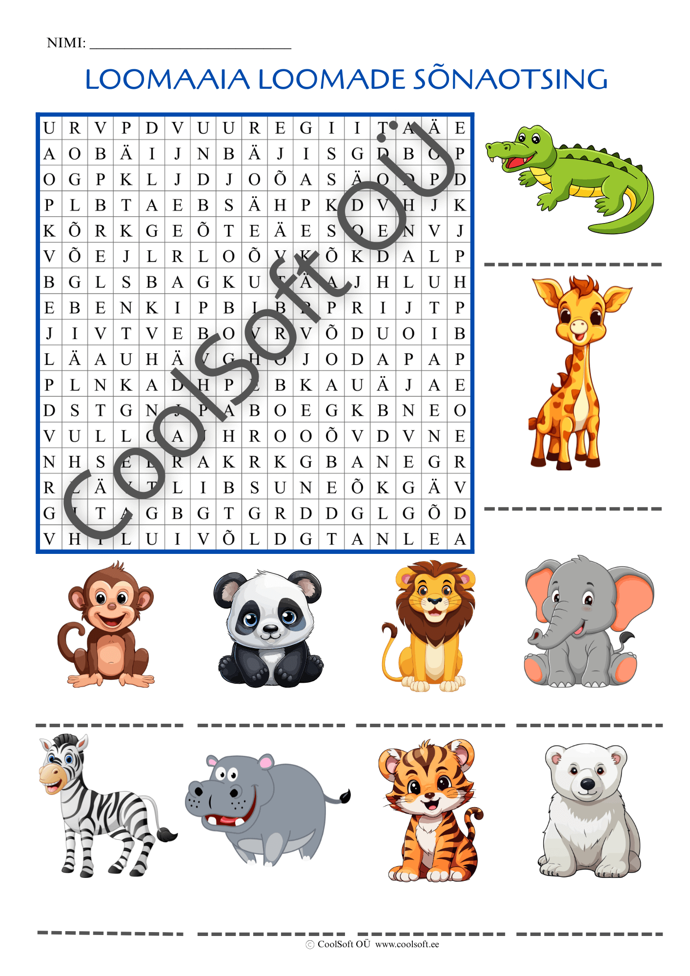 loomaaia-loomade-sonaotsing Loomaaia loomade sõnaotsingu tööleht, kus laps otsib täherägastikust piltidel kujutatud loomad.