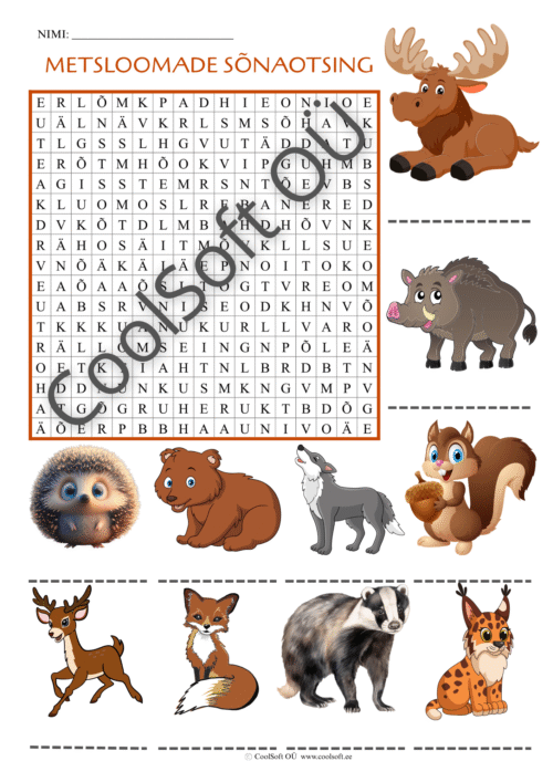 Metsloomade sõnaotsingu tööleht, kus laps peab leidma täherägastikust üles piltidel kujutatud metsloomad.