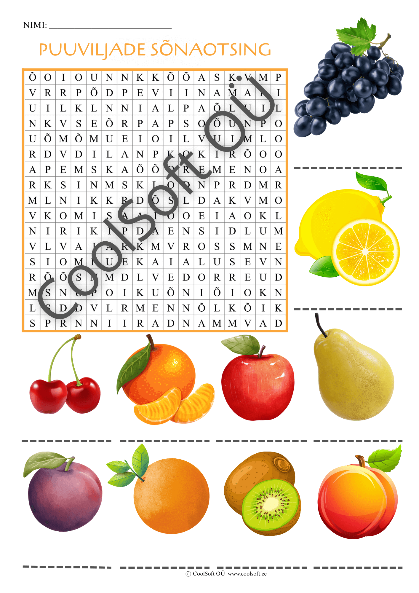 puuviljade-piltide-sonaotsing Puuviljade sõnaotsingu tööleht, millel laps peab leidma täherägastikust erinevate puuviljade nimetused vastavalt piltidele.