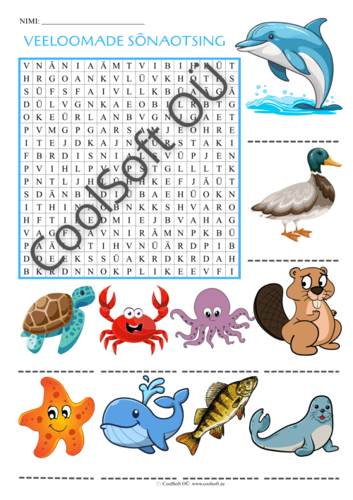 Tööleht „Veeloomade sõnaotsing“ – hariv sõnarägastik, kus lapsed otsivad piltidel kujutatud veelomi. 🐬