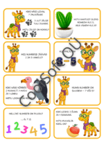 Kiki seikluskaardi ülesandekaart, kus lapsed lahendavad lihtsaid arvutamis- ja loendamisülesandeid. Kaelkirjak Kiki esitab küsimusi numbrite ja loogika kohta. 🦒📘