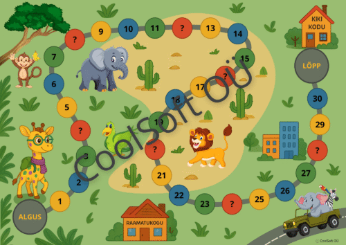Hariv ja värviline lauamäng “Kiki seikluskaart”, kus kaelkirjak Kiki rändab džunglis, kõrbes ja linnas, täites lõbusaid ülesandeid. 🎲🦒