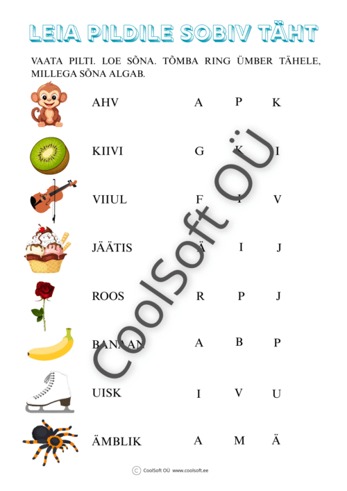 Tööleht „Leia pildile sobiv täht“, kus laps valib pildil kujutatud esemele sobiva algustähe. 🧠📖