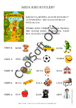 Tööleht, kus lapsel tuleb kuulata sõna alguse häälikut ja otsida sõnu, mis algavad selle häälikuga.