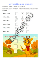 Tööleht, kus lapsel tuleb lugeda sõnu, öelda loetud sõna valjult välja ja öelda mitu häälikut ta sõnas kuuleb ning tõmmata õigele numbrile ring ümber.