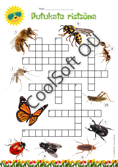 Tööleht „Putukate ristsõna“, kus lapsed täidavad ristsõna, kirjutades õigete piltide juurde putukate nimetused – näiteks mesilane, lepatriinu ja liblikas. 🦋🐝
