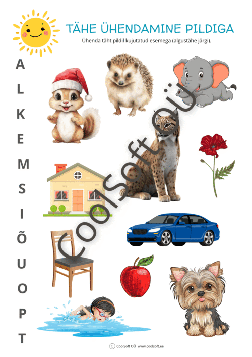 Tööleht „Tähe ühendamine pildiga“, kus lapsed seovad tähe õigel pildil kujutatud esemega – näiteks koer, õun, maja, auto ja lill. ✏️🦒