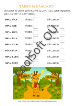 Tööleht, kus lapsel tuleb sõnu lugeda ja vastata mitu tähte ja mitu häälikut on sõnas.