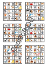 Lõbus loomade bingo tööleht, kus piltidel on erinevad loomad – näiteks jänes, lõvi, koer, karu, elevant ja pingviin. Mänguline õppematerjal lastele.