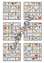 Lõbus loomade bingo tööleht laste jaoks, kus piltidel on erinevad loomad – näiteks jänes, lõvi, koer, karu, elevant, pingviin ja paljud teised. Sobib õppemänguks ja sõnavara harjutamiseks. 🐶🦁🐰🐧